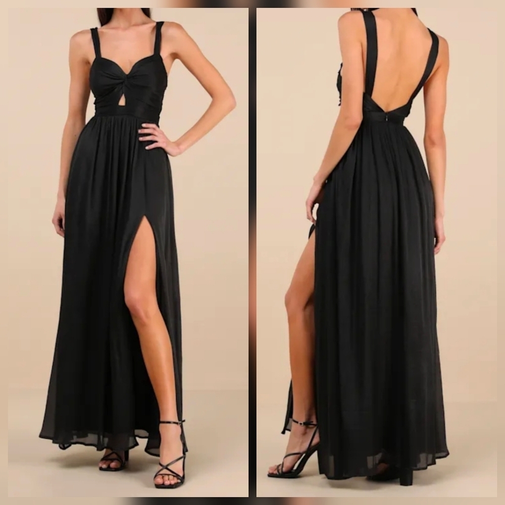 Lulus M Aria Black Crinkle Knotted Backless Maxi Dress, Size Medium